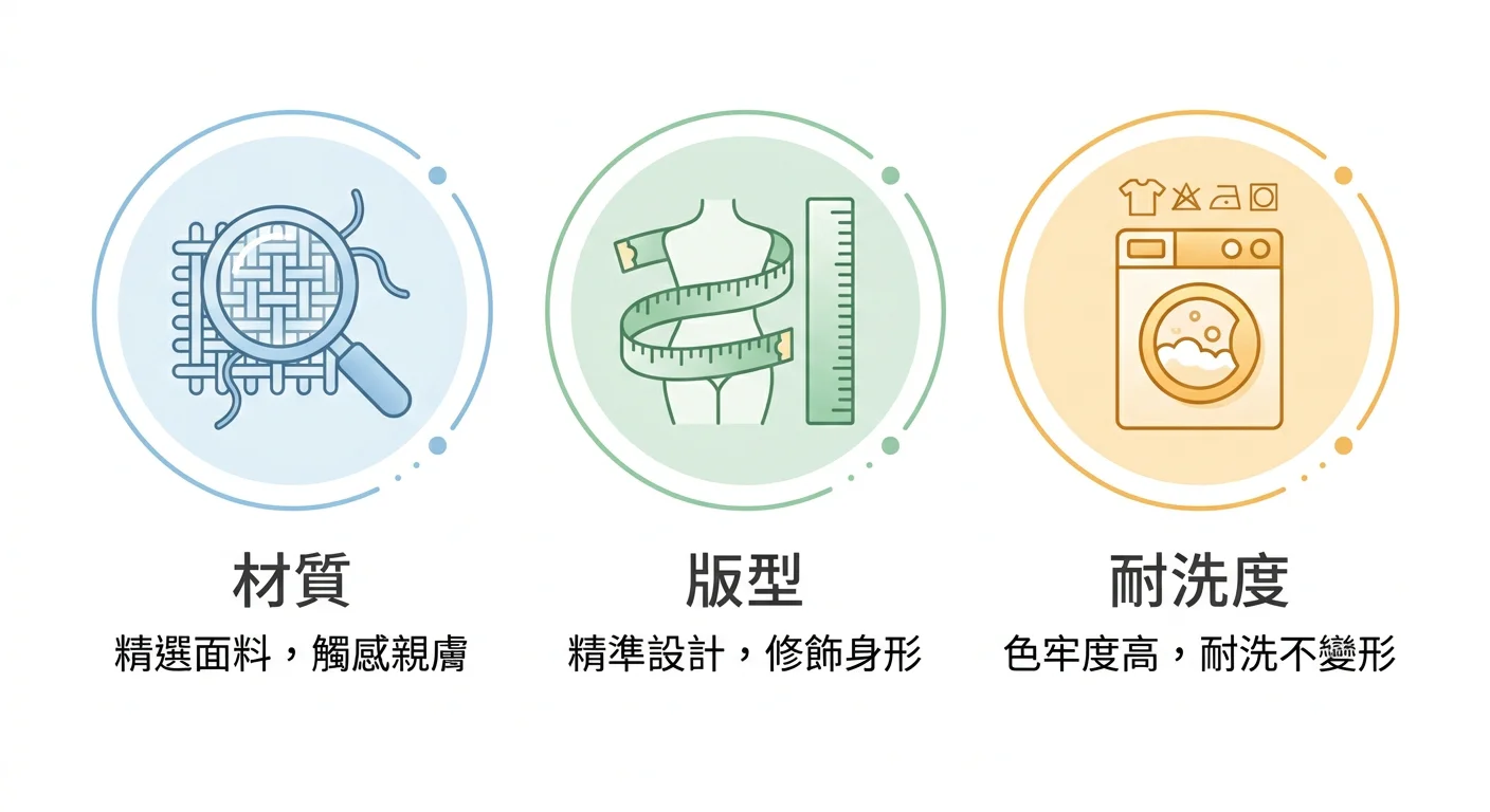 三個圓形圖示組成的資訊圖，分別代表材質（布料放大鏡圖示）、版型（尺碼測量圖示）、耐洗度（洗衣機/洗滌標誌圖示），每個圖示旁邊有簡短說明文字，背景乾淨白色，配色專業柔和