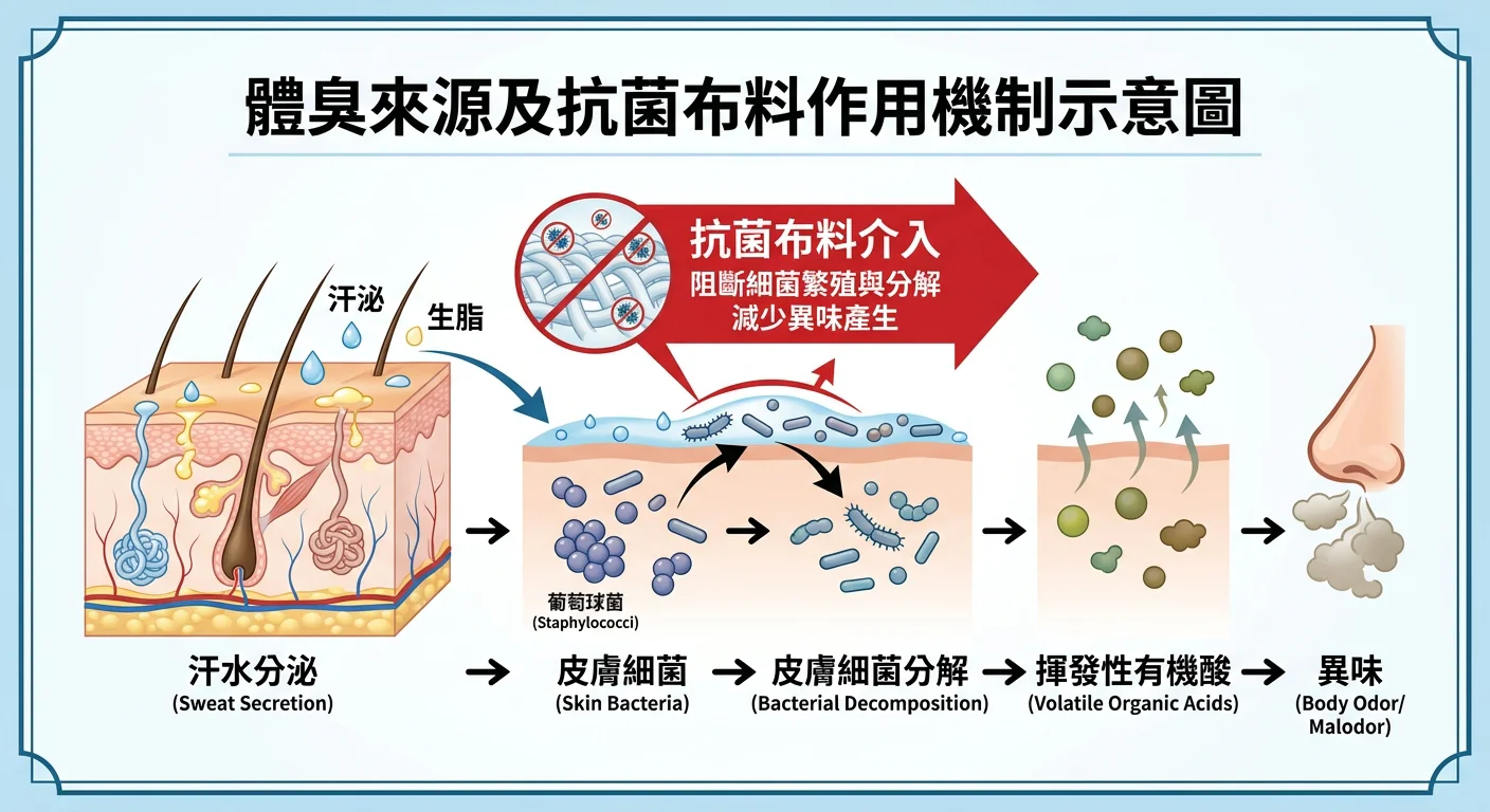 體臭來源示意圖，流程圖顯示「汗水分泌→皮膚細菌（葡萄球菌）分解→揮發性有機酸→異味」的生物化學路徑，標示抗菌布料在哪個環節介入阻斷