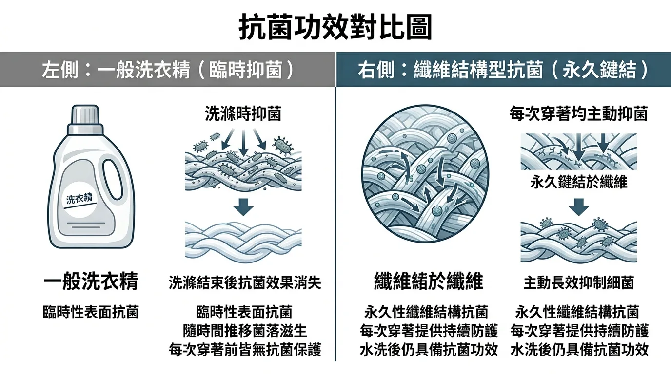 Ariel洗衣精 vs 抗菌布料澄清對比圖，左側為洗衣精（臨時抑菌，洗滌結束後抗菌效果消失）vs 右側為纖維結構型抗菌（永久鍵結，每次穿著均主動抑菌）的清晰對比版面