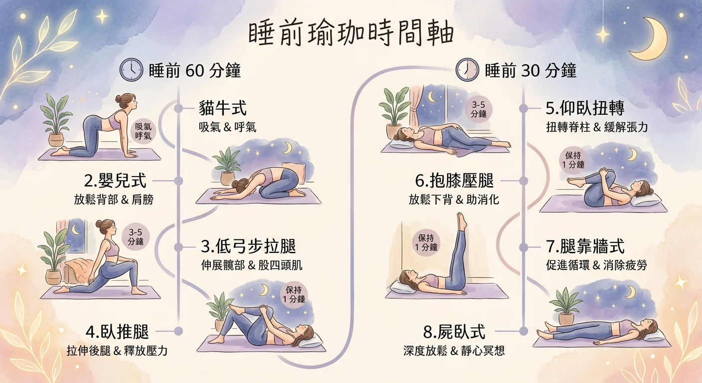 睡前瑜珈時間軸視覺圖,左欄「睡前 60 分鐘」列出 4 個動作(貓牛式、嬰兒式、低弓步拉腿、臥推腿),右欄「睡前 30 分鐘」列出 4 個動作(仰臥扭轉、抱膝壓腿、腿靠牆式、屍臥式),柔和色調