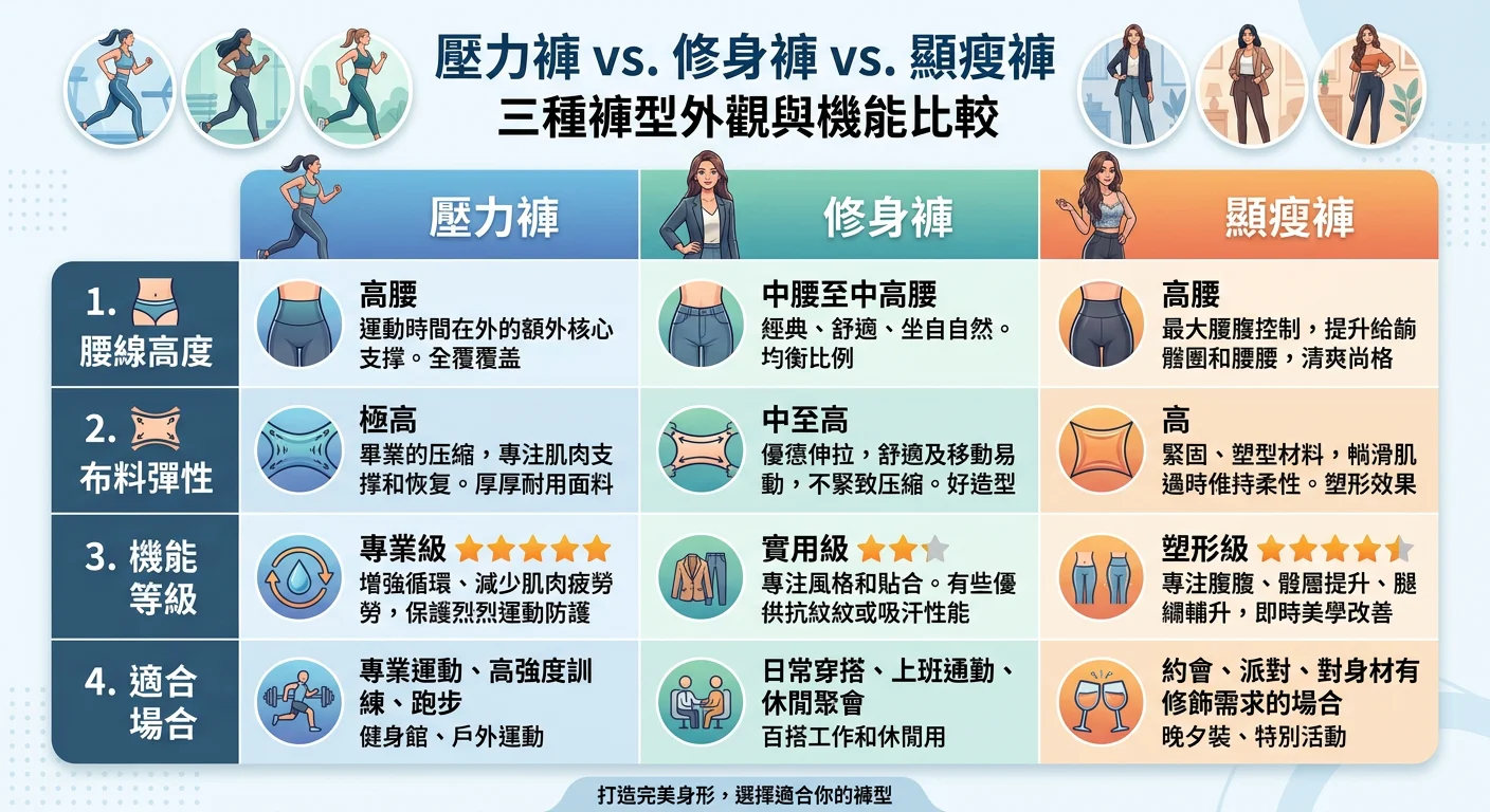 壓力褲 vs 修身褲 vs 顯瘦褲三種褲型的外觀與機能比較表,用表格圖卡呈現腰線高度、布料彈性、機能等級、適合場合四個維度的差異