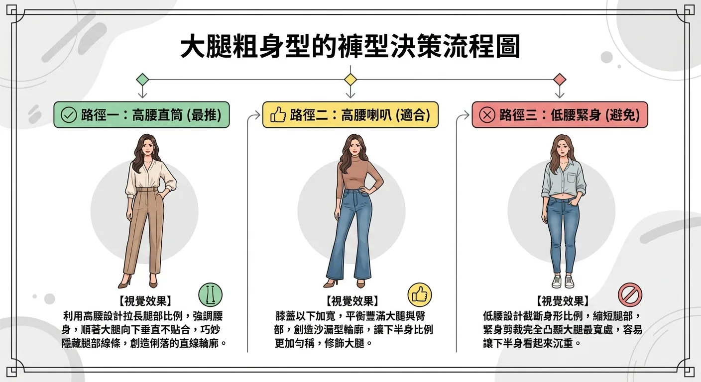 大腿粗身型的褲型決策流程圖,三個路徑:高腰直筒(最推)、高腰喇叭(適合)、低腰緊身(避免),每個路徑配上視覺效果說明文字