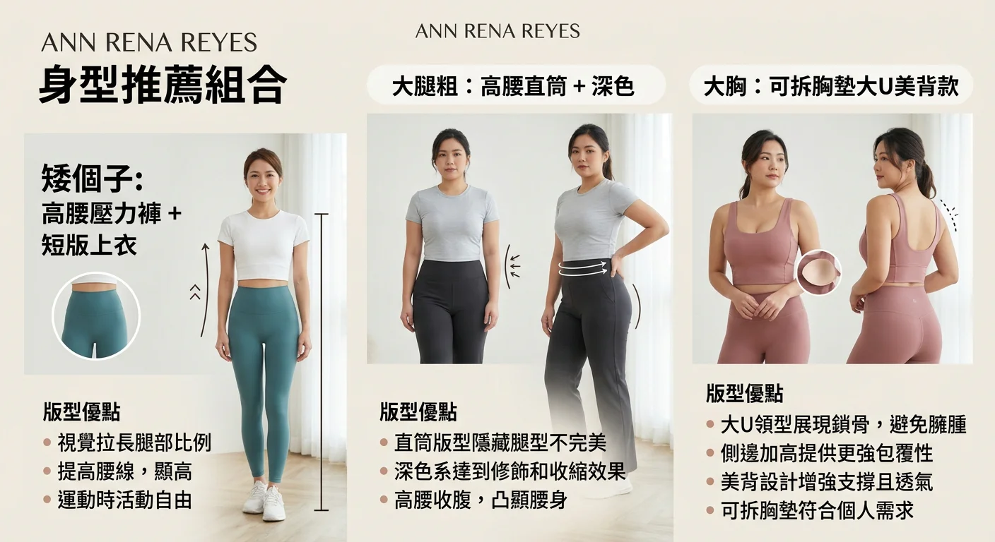 ANN RENA REYES 三種身型推薦組合的視覺圖卡:左側矮個子(高腰壓力褲+短版上衣)、中間大腿粗(高腰直筒+深色)、右側大胸(可拆胸墊大U美背款),每種搭配附上版型優點說明
