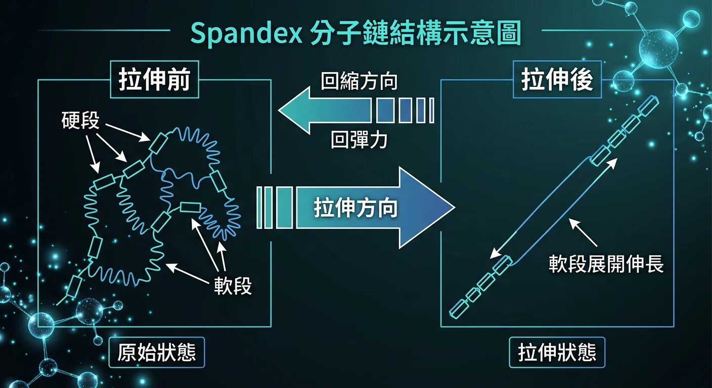Spandex 分子鏈結構示意圖，左側為拉伸前（硬段短方塊間隔軟段波浪線），右側為拉伸後（軟段波浪線展開伸長），中間箭頭標示拉力方向，回縮箭頭顯示回彈方向，科技線稿深色背景