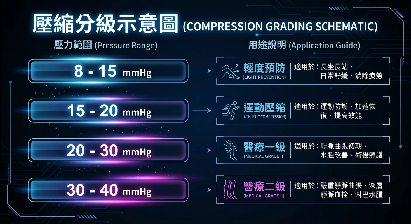 壓縮分級示意圖，橫向條狀圖表，左側標示 mmHg 數值（8-15 / 15-20 / 20-30 / 30-40），對應右側用途說明（輕度預防 / 運動壓縮 / 醫療一級 / 醫療二級），科技感深色配色