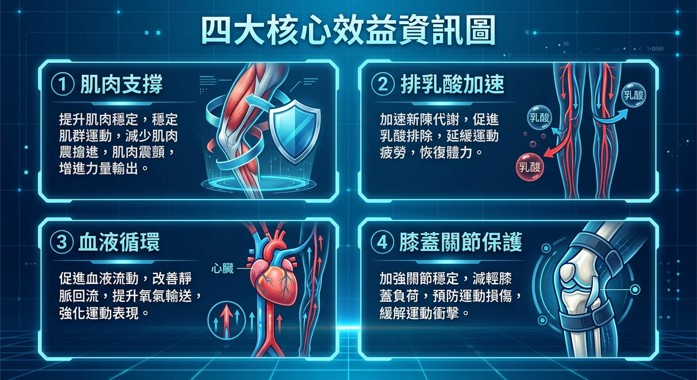 四大核心效益資訊圖，四個方格排列：左上「肌肉支撐」（肌肉纖維圖示）、右上「排乳酸加速」（血流箭頭圖示）、左下「血液循環」（心臟靜脈回流圖示）、右下「膝蓋關節保護」（膝關節解剖圖示），每格附上簡短說明文字，科技藍配色