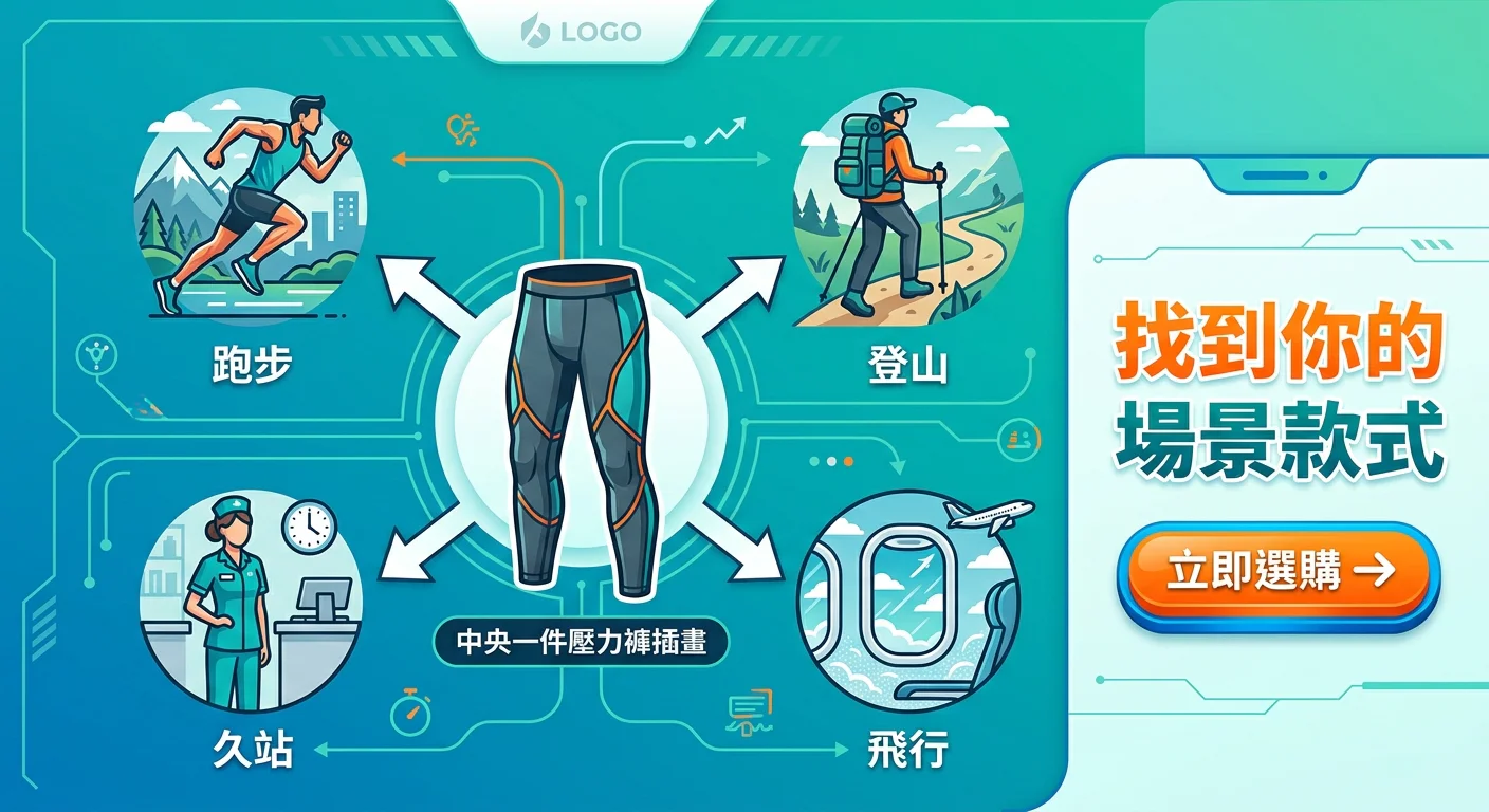 壓力褲選購決策樹插圖，中央一件壓力褲插畫，四個箭頭向外指向四個場景圖示：跑步、登山、久站、飛行，右側附上「找到你的場景款式」文字和箭頭按鈕，品牌主色背景