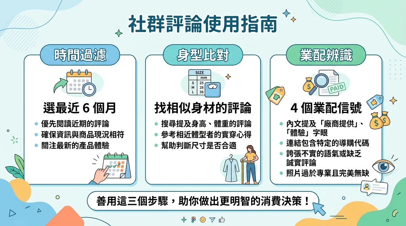 社群評論使用指南資訊圖，三欄設計：左欄「時間過濾」（日曆圖示，標示「選最近 6 個月」）、中欄「身型比對」（尺寸表圖示，標示「找相似身材的評論」）、右欄「業配辨識」（放大鏡圖示，標示「4 個業配信號」），下方附上簡短說明文字，整體配色清爽簡潔