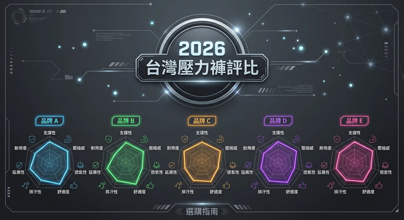 女性運動壓力褲選購指南主視覺，五個品牌雷達圖並列，各品牌以不同顏色線條呈現七個評估維度的分數，中央標示「2026 台灣壓力褲評比」，背景為簡潔的深灰科技感底色