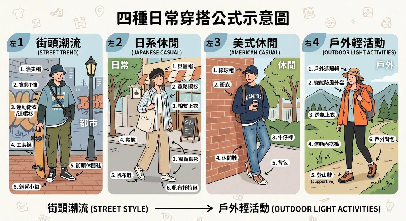 四種日常穿搭公式示意圖，從街頭到戶外輕活動，各有標示