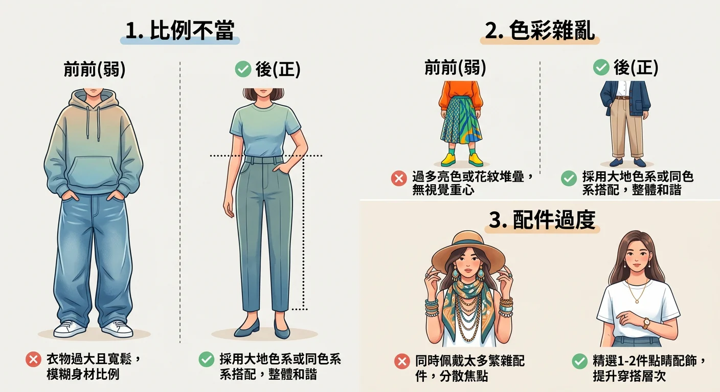 三種常見穿搭錯誤對比修正示意圖