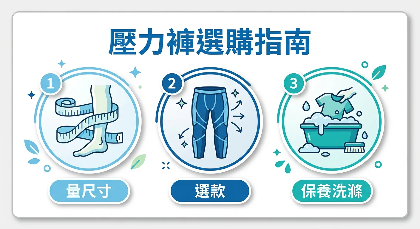 壓力褲選購指南主視覺，三個圖示並排：左側一把布料軟尺代表「量尺寸」、中間一件壓力褲插畫代表「選款」、右側一個洗衣盆代表「保養洗滌」，三個圖示下各附上簡短標籤，整體配色清爽，白底搭配品牌主色