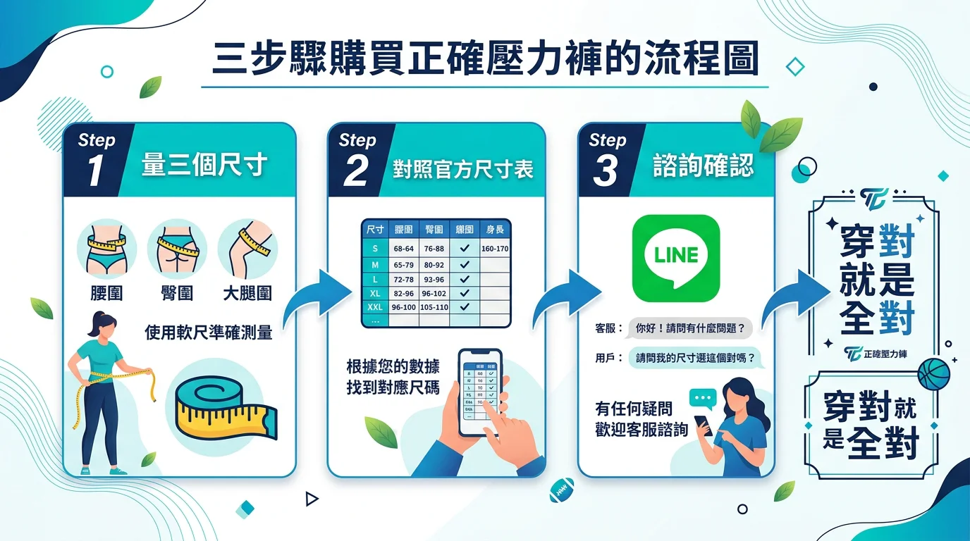 三步驟購買正確壓力褲的流程圖，橫向三個步驟：「Step 1 量三個尺寸」（軟尺圖示）→「Step 2 對照官方尺寸表」（尺寸表表格圖示）→「Step 3 諮詢確認」（LINE 對話框圖示），箭頭連接，最後收尾是「穿對就是全對」的品牌標語框，品牌主色調