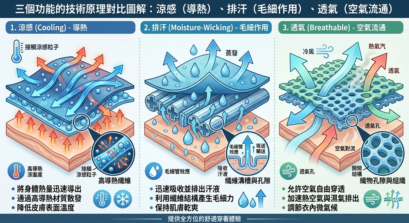 三個功能的技術原理對比圖解:涼感(導熱)、排汗(毛細作用)、透氣(空氣流通)