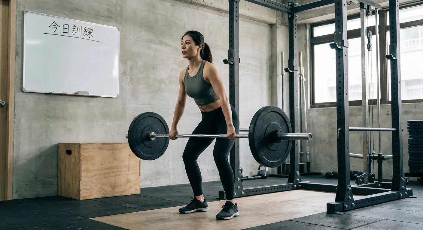 活力場景，一群穿著機能服飾的女性在 CrossFit 道館訓練，有人做壺鈴擺盪、有人做跳箱，室內環境有槓鈴架與橡膠地墊，採光明亮，服飾以壓縮褲搭配支撐型運動內衣為主