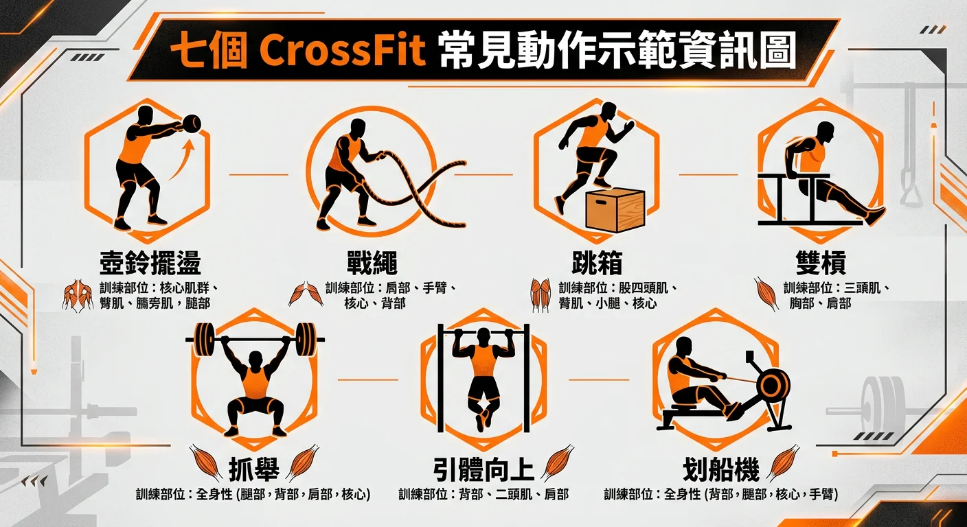 動作示範資訊圖，排列七個 CrossFit 常見動作的簡潔圖示——壺鈴擺盪、戰繩、跳箱、雙槓、抓舉、引體向上、划船機，每個圖示下方有動作名稱與訓練部位標示，配色使用橘色與黑色