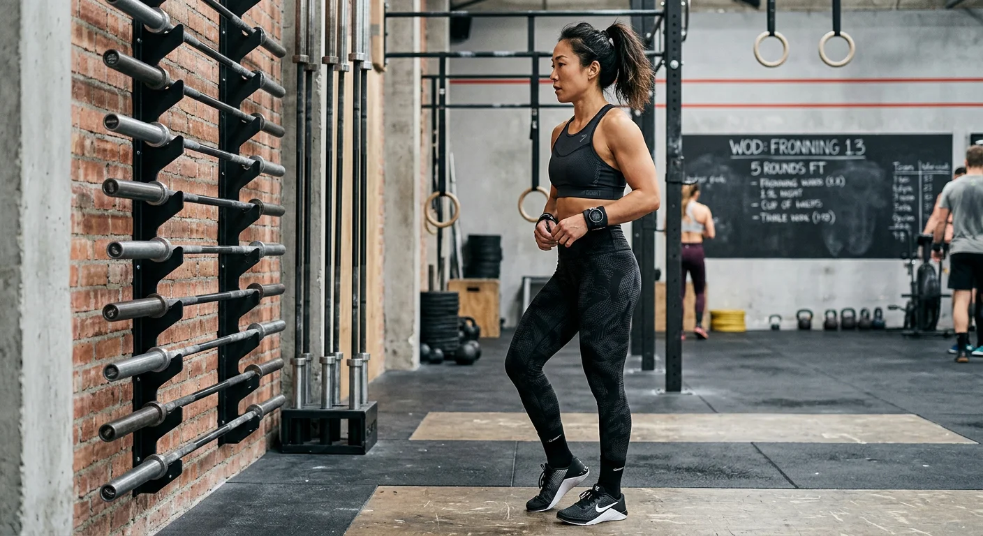 女生穿著 CrossFit 訓練服飾的全身搭配圖：高腰壓縮緊身褲搭配支撐型運動內衣，側身姿勢展示服飾的貼合度與彈性，背景是 CrossFit 訓練空間的壁掛槓鈴