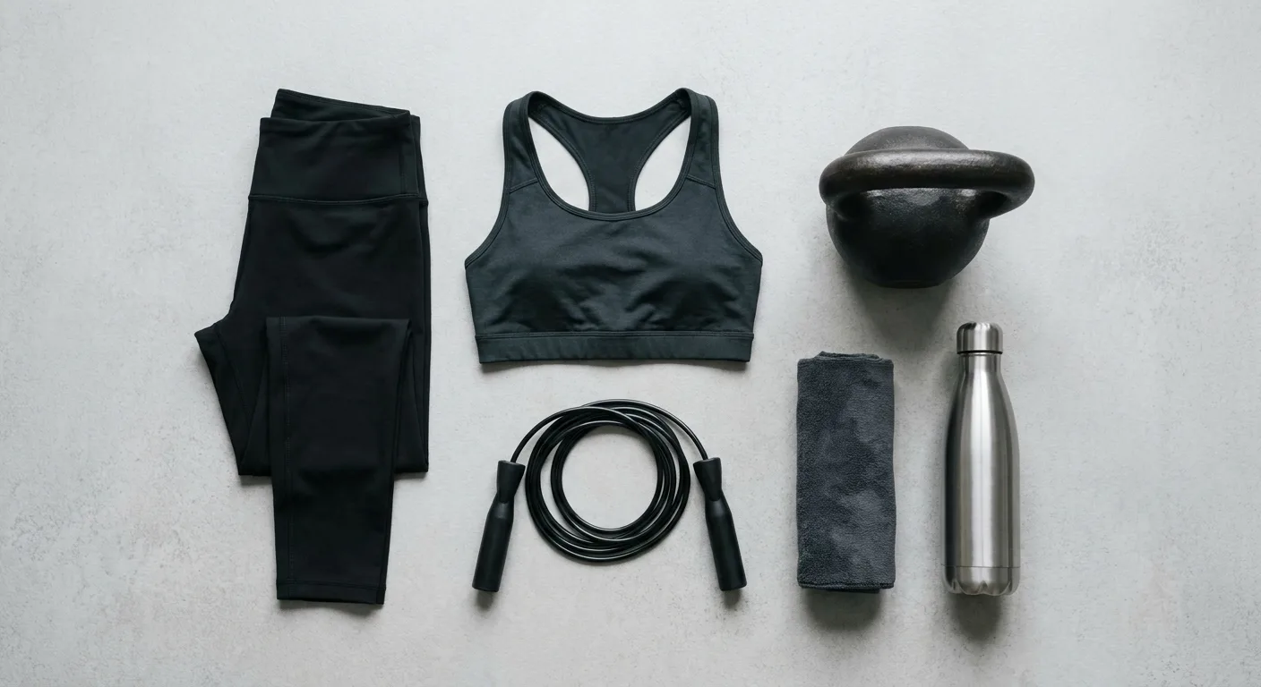 Clean flatlay 服飾搭配圖，高腰壓縮緊身褲（深色）+ 支撐型運動內衣（搭配色）平鋪展示，旁邊搭配 CrossFit 訓練用壺鈴和跳繩，背景是淺色木質紋路地板