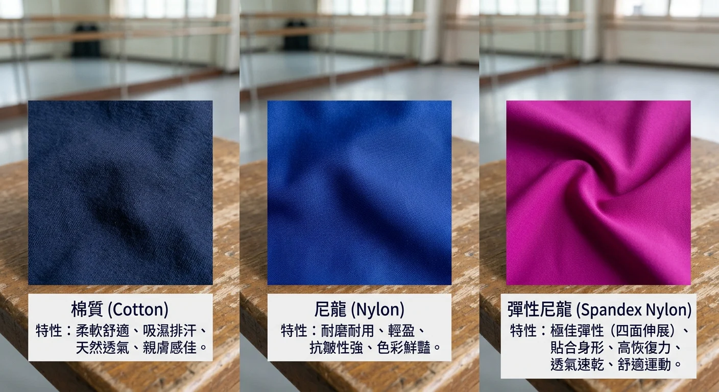 三種舞蹈服飾材質的布料特寫對比：棉質、尼龍、彈性尼龍，標示各自特性