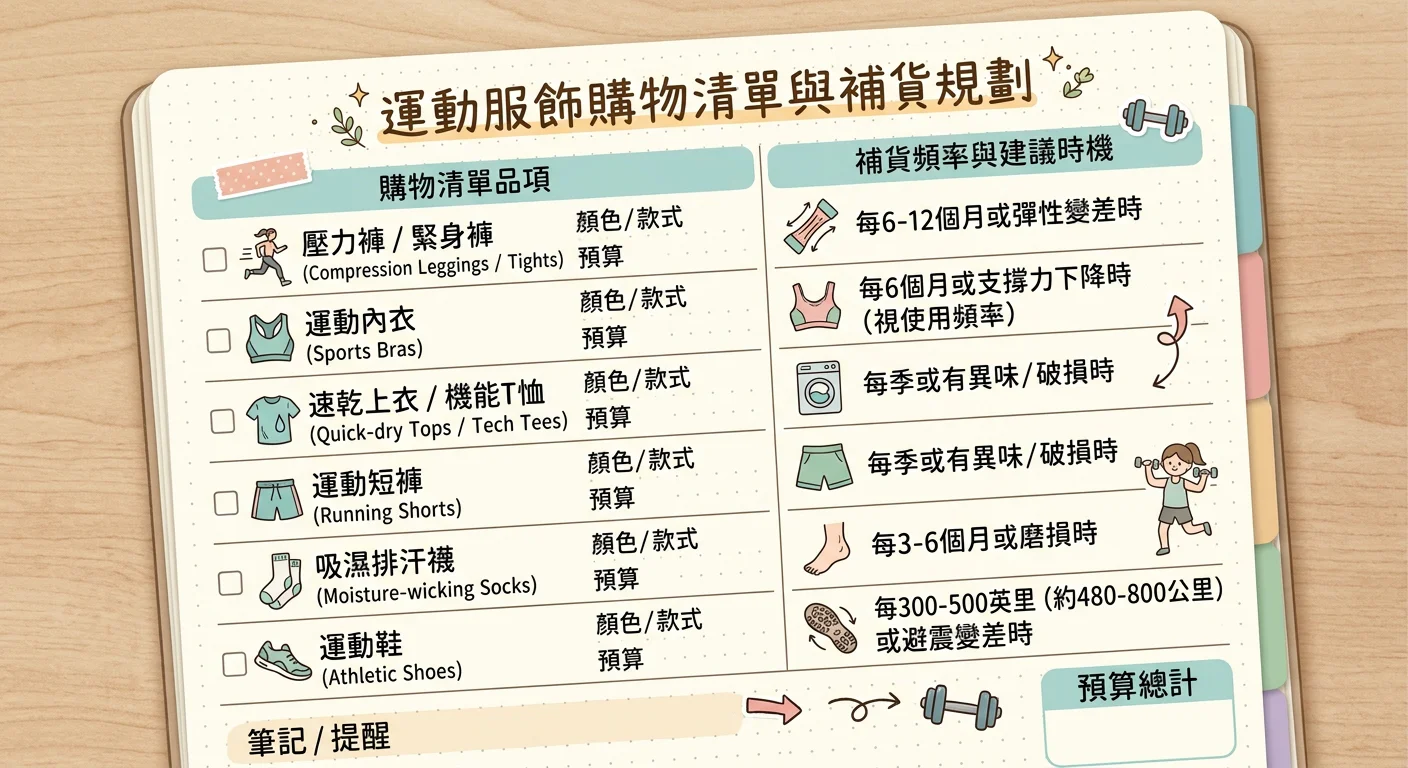 運動服飾購物清單規劃模板示意圖——一張整潔的清單，列出壓力褲、運動內衣、速乾上衣等品項，旁邊有補貨頻率和建議時機的說明，設計感類似備忘錄或手帳頁面