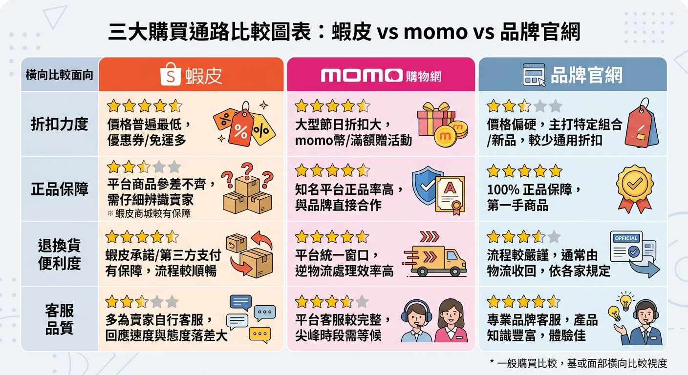 三大購買通路比較圖表：蝦皮 vs momo vs 品牌官網，三欄比較，各標出折扣力度、正品保障、退換貨便利度、客服品質等面向，清晰的橫向比較表格設計