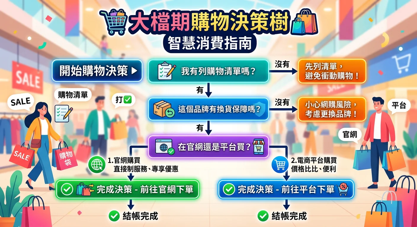 大檔期購物決策樹視覺圖，問題流程：「我有列清單嗎？」→「這個品牌有換貨保障嗎？」→「在官網還是平台買？」，清晰的決策流程圖，搭配購物袋和打勾圖示