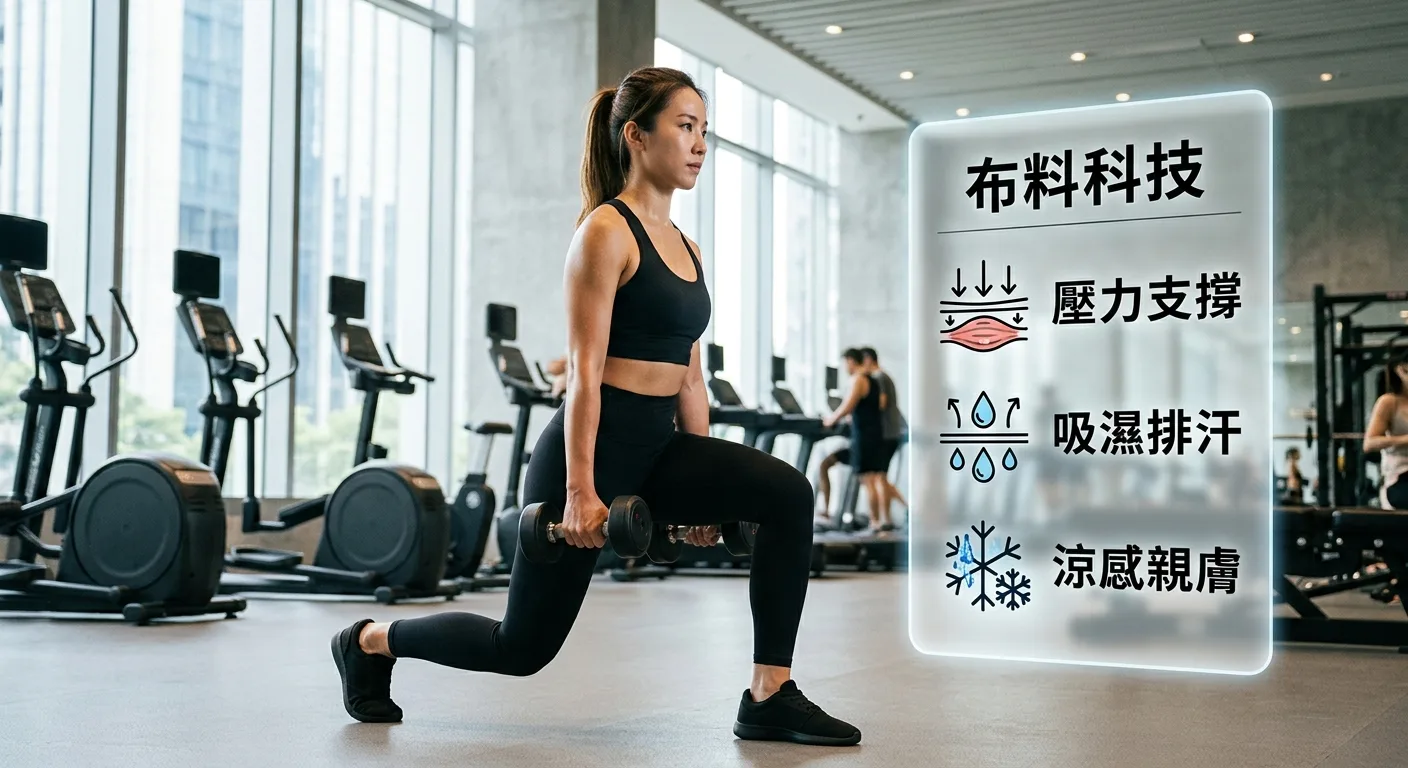 女性穿著黑色高腰壓力褲與運動背心，在明亮健身房中進行訓練，背景有輕微虛化的器材，右側浮現布料科技標籤圖示（Compression / Moisture Wicking / Cool Touch）