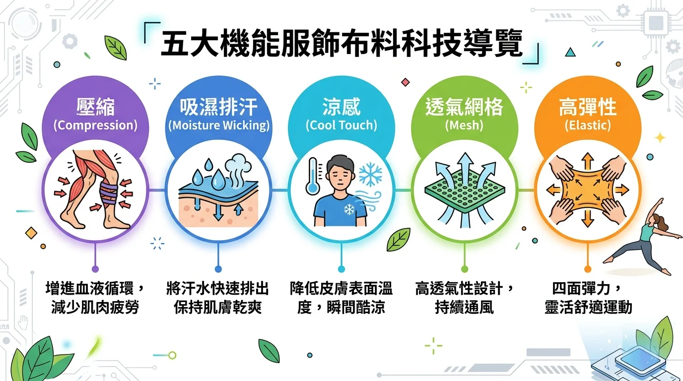 五個機能服飾布料科技的資訊圖，橫排五個圓形圖示，分別標示 Compression（紫色）、Moisture Wicking（藍色）、Cool Touch（水藍色）、Mesh（綠色）、Elastic（橘色），每個圖示下方有中英文對照說明