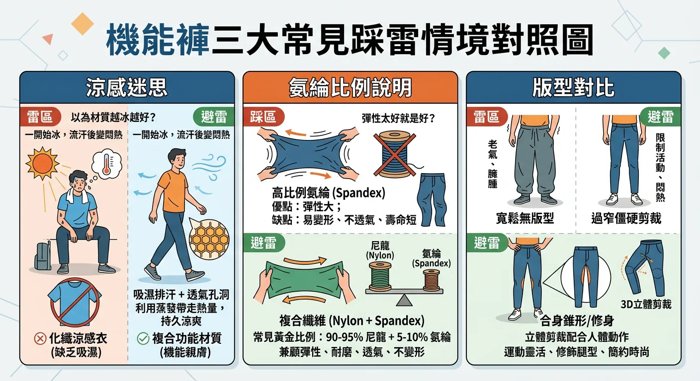機能褲三大常見踩雷情境對照圖——涼感迷思、氨綸比例說明、版型對比