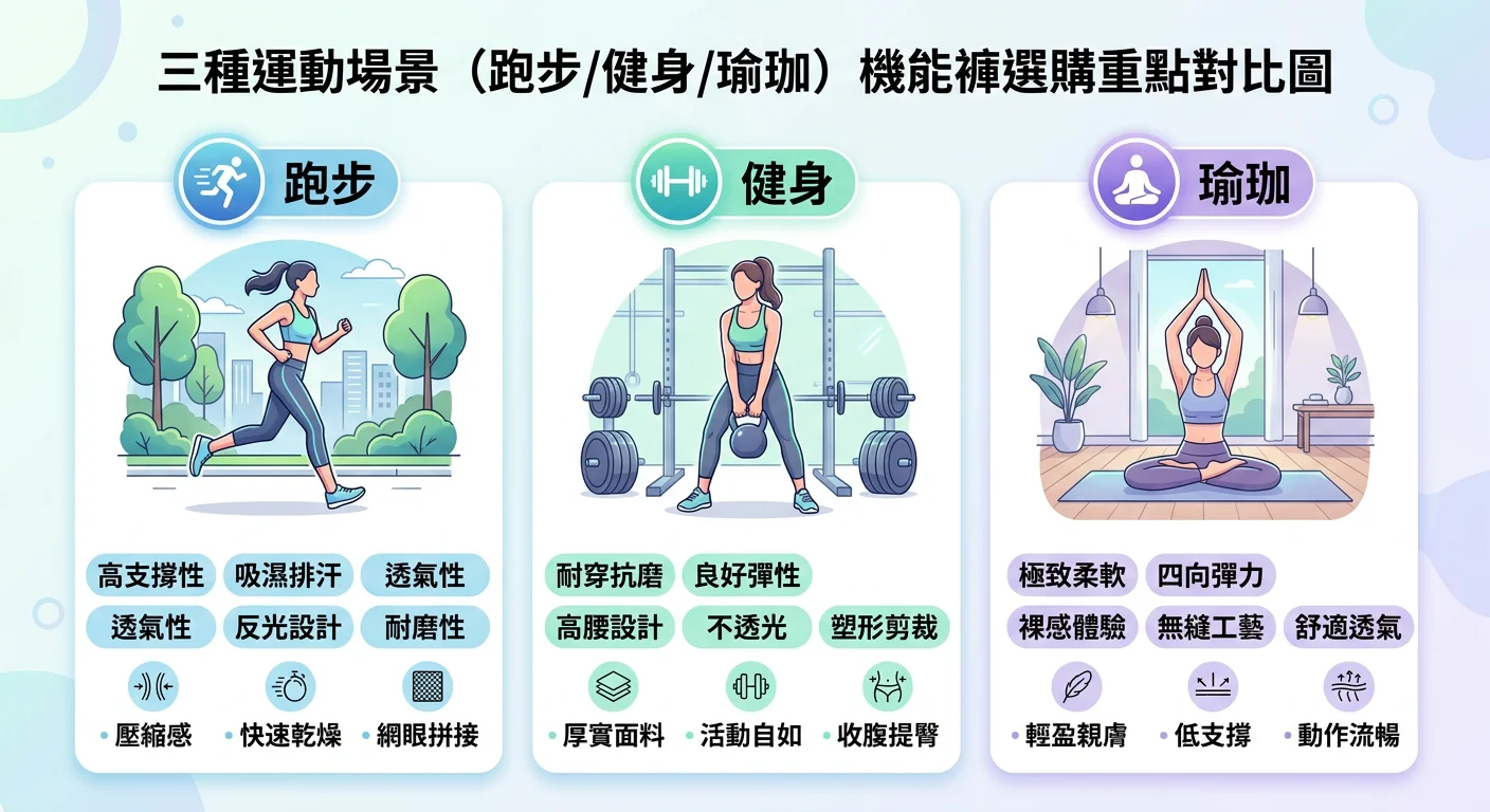 三種運動場景（跑步/健身/瑜珈）機能褲選購重點對比圖
