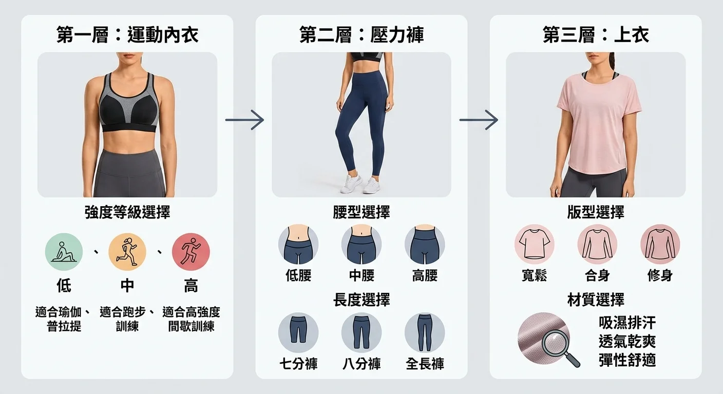 女生健身穿搭三層結構分解圖，從左到右分別展示第一層（運動內衣，標示強度等級）、第二層（壓力褲，標示腰型和長度選擇）、第三層（上衣，標示版型和材質），三層以箭頭串連，整體視覺清晰簡潔