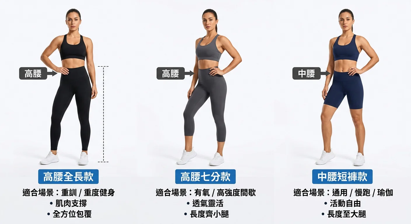 女生壓力褲版型對比圖，從左到右展示高腰全長款、高腰七分款、中腰短褲款三種版型，每種款式旁標示適合場景（重訓 / 有氧 / 通用），並在腰部位置標示高低差異，背景白色，清晰展示版型差異