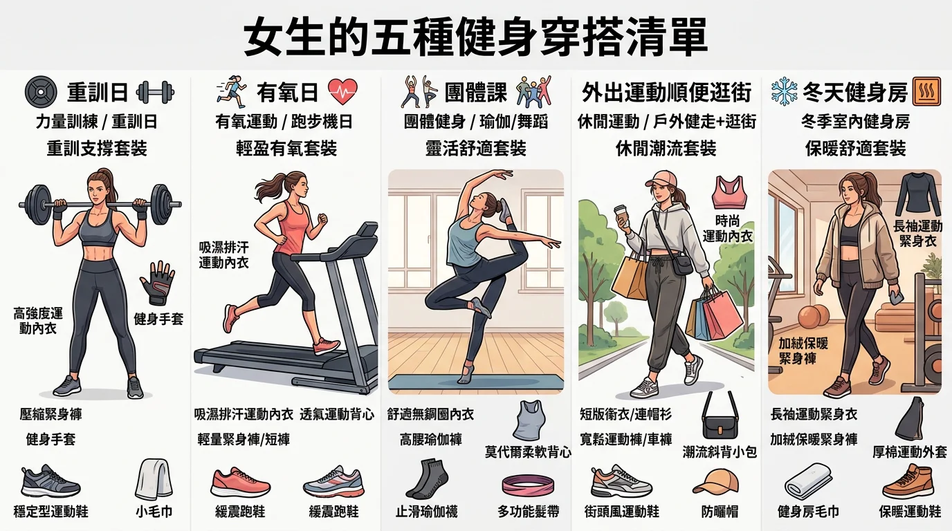 女生五場景健身穿搭清單示意圖，五列分別展示重訓日、有氧日、團體課、外出運動順便逛街、冬天健身房五種場景，每個場景旁標示穿搭組合和單品名稱，整體設計清晰，背景白色