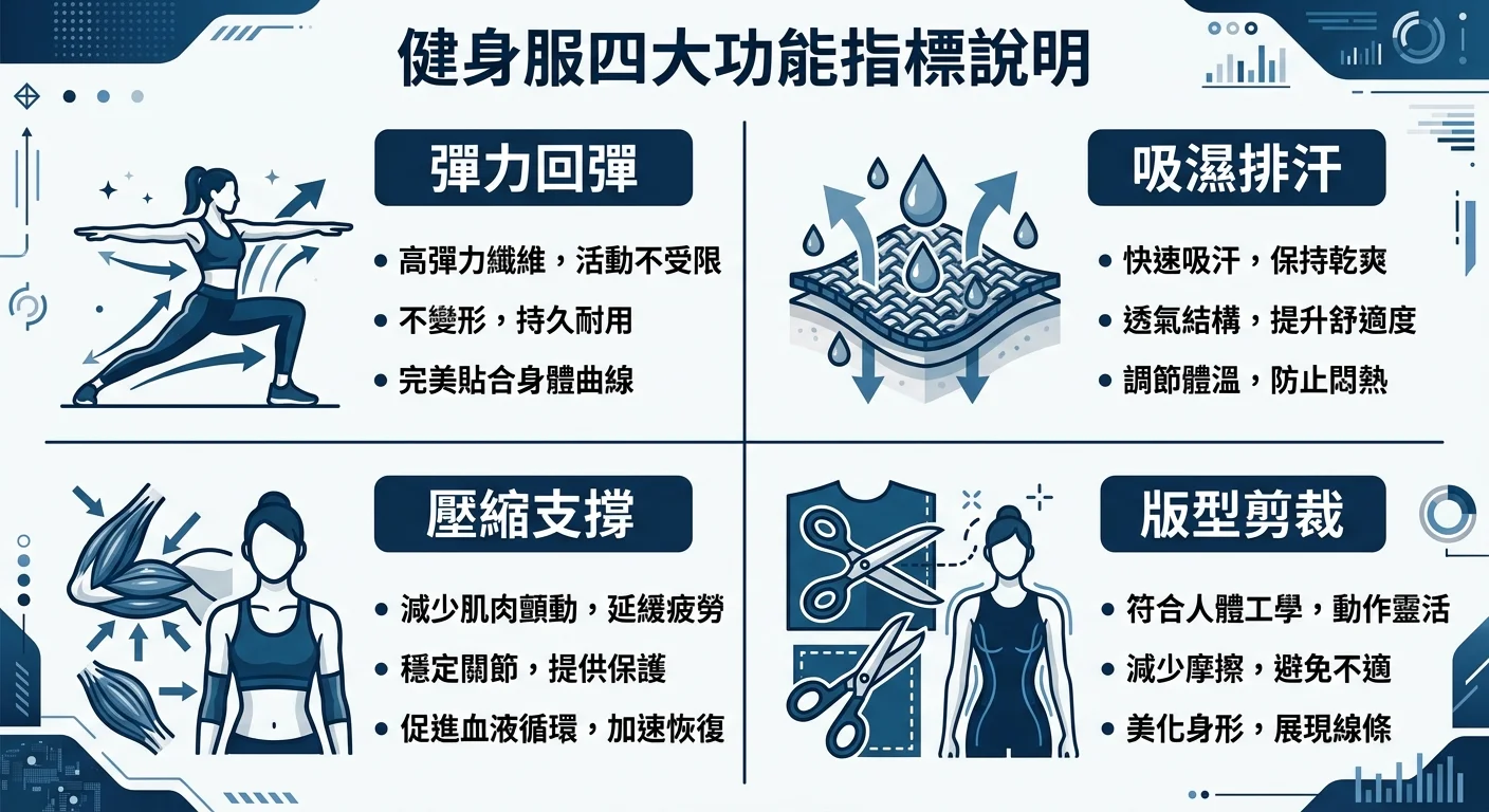 健身服四大功能指標說明資訊圖，四個等分區塊分別標示「彈力回彈」「吸濕排汗」「壓縮支撐」「版型剪裁」，每個區塊搭配相關圖示，配色以深海藍與白色為主