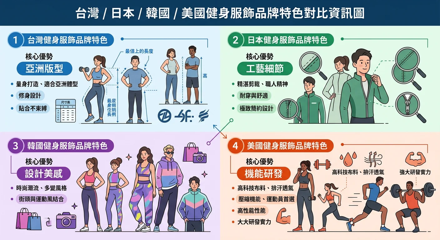台灣/日本/韓國/美國健身服飾品牌特色對比資訊圖，四個區塊分別代表不同地區，標示各地區品牌的核心優勢（亞洲版型/工藝細節/設計美感/機能研發），配色以不同地區顏色區分，整體乾淨易讀