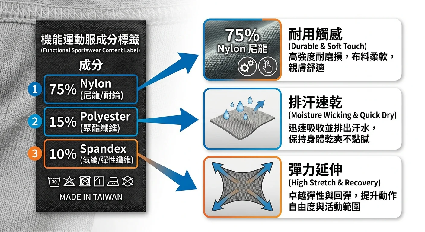 機能布料成分標籤解讀示意圖，展示一個典型的運動服成分標籤（Nylon 75%、Polyester 15%、Spandex 10%），並在旁邊用箭頭標示各成分的功能說明：Nylon 耐用觸感、Polyester 排汗速乾、Spandex 彈力延伸，背景白色，圖表清晰易懂