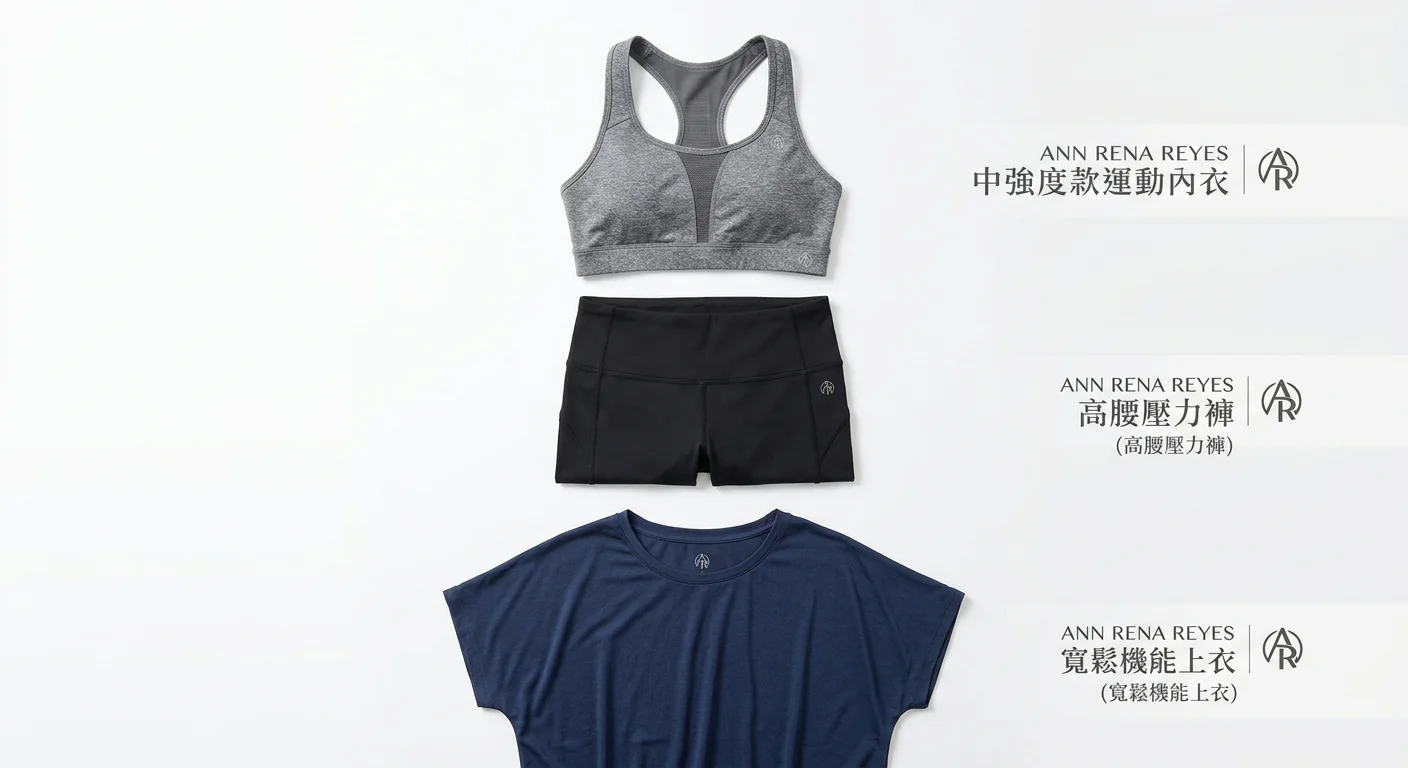 ANN RENA REYES 入門三件組穿搭示範圖，上方展示運動內衣（中強度款），中間展示高腰壓力褲，下方展示寬鬆機能上衣，三件以整齊平鋪方式呈現，旁邊標示各品項名稱，背景白色，整體風格簡潔專業