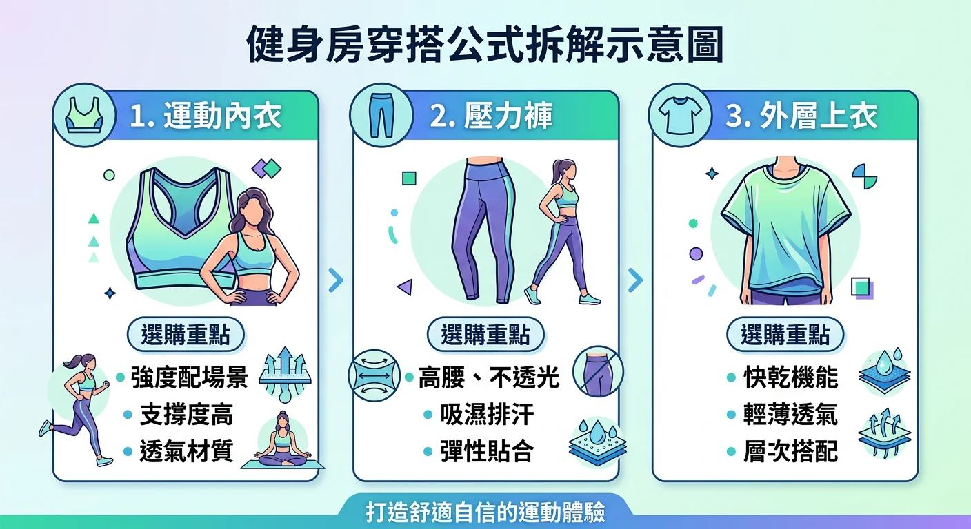 健身房穿搭公式拆解示意圖，由左至右分別展示運動內衣、壓力褲、上衣三個層次，每個單品下方標示選購重點，例如「高腰、不透光」「強度配場景」「快乾機能」，整體風格簡潔清晰
