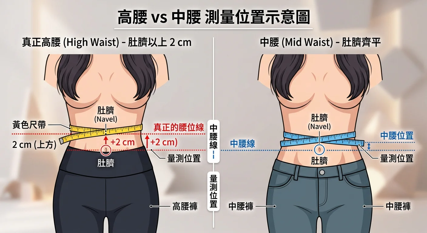 高腰位置測量示意圖：肚臍以上 2 cm 為真正高腰（左），肚臍齊平為中腰（右），清楚標示差異