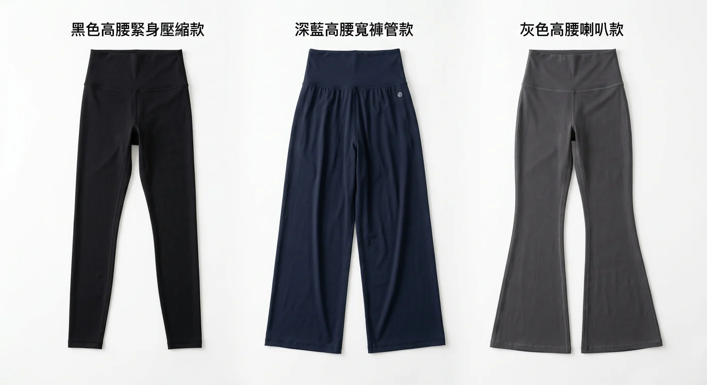三款高腰運動褲平放並排比較：高腰緊身壓縮款（黑色）、高腰寬褲管款（深藍）、高腰喇叭款（灰色），平鋪白背景展示腰帶高度與版型差異，無人物
