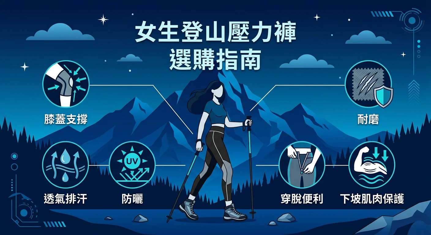 女生登山壓力褲選購主視覺，背景為山稜線剪影（深藍色），前景一件登山壓力褲插畫，旁邊標示六個登山關鍵需求圖示：膝蓋支撐、透氣排汗、防曬、耐磨、穿脫便利、下坡肌肉保護，整體配色深藍山色調