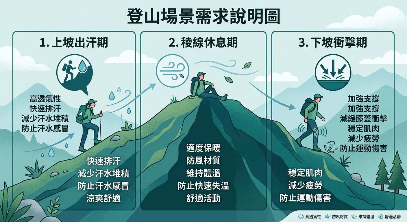 登山場景需求說明圖，一個側面的山坡剖面圖，標示三個登山階段：「上坡出汗期」（汗水圖示）、「稜線休息期」（微風圖示）、「下坡衝擊期」（衝擊箭頭圖示），每個階段旁附上對壓力褲的需求說明，配色使用山岳系藍綠色調
