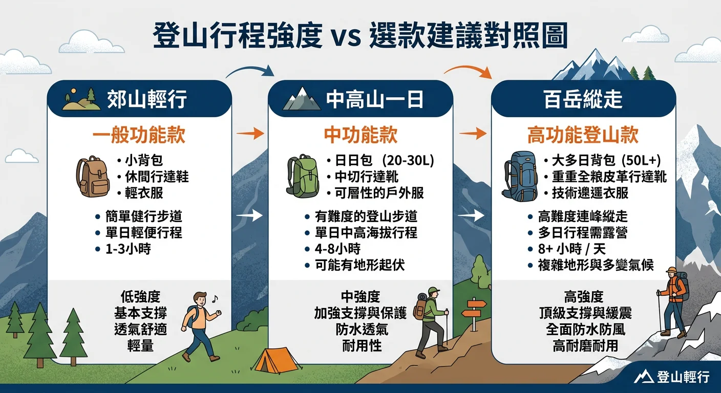 登山行程強度 vs 選款建議對照圖，三個行程等級橫向排列：郊山輕行（小山圖示，「一般功能款」）、中高山一日（中等山圖示，「中功能款」）、百岳縱走（高山圖示，「高功能登山款」），每個等級下標示重點選購維度，品牌主色調