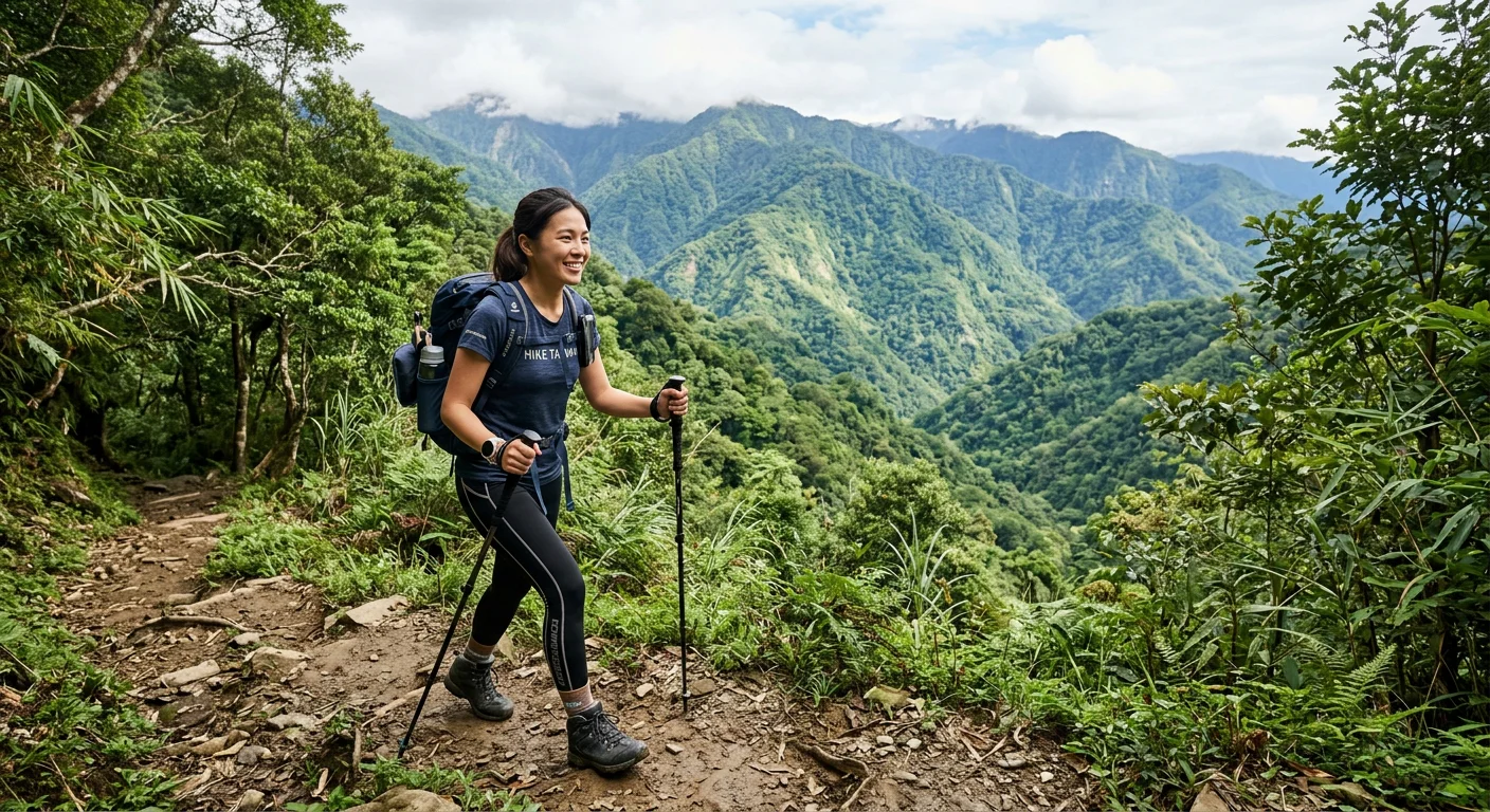 女生穿著壓縮緊身褲與排汗上衣在台灣山道健行，背景是翠綠山林