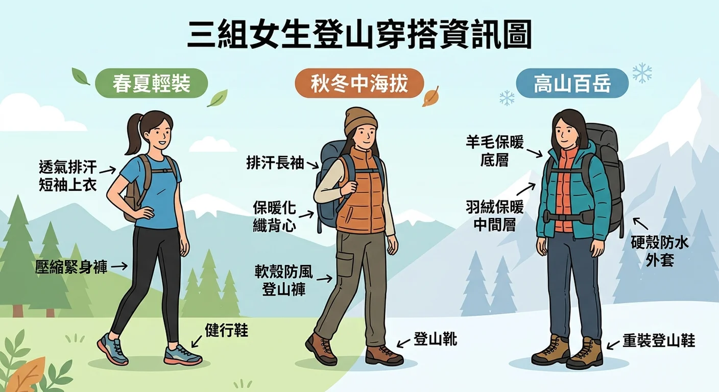 三組女生登山穿搭示意圖:春夏輕裝、秋冬中海拔、高山百岳,清楚標示各層服飾