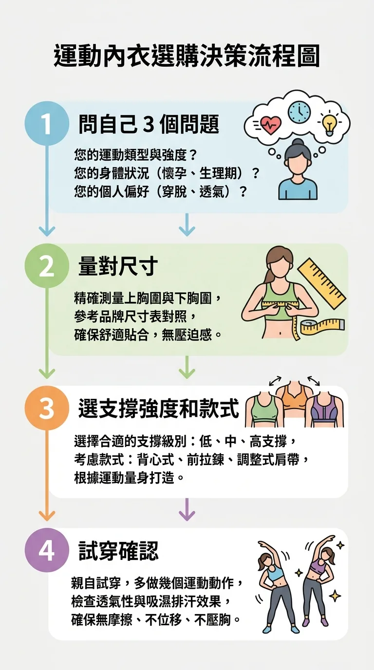 運動內衣選購決策流程圖，以垂直流程方式呈現四個步驟：「問自己 3 個問題」→「量對尺寸」→「選支撐強度和款式」→「試穿確認」，每個步驟有簡短說明和圖示，乾淨簡潔的流程圖設計