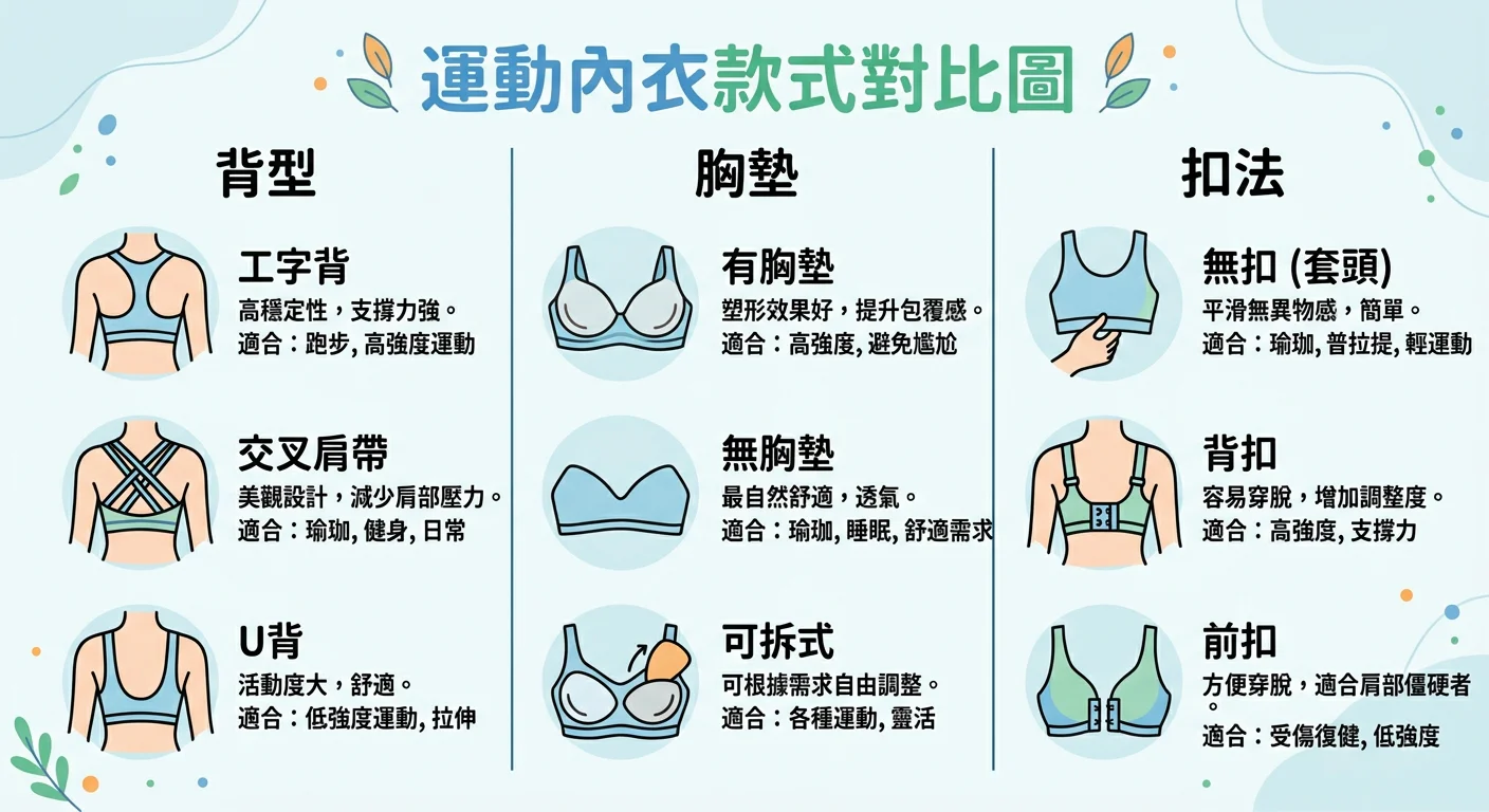 運動內衣款式對比圖，分三欄呈現：左欄「背型」（工字背/交叉肩帶/U背圖示）、中欄「胸墊」（有/無/可拆三種圖示）、右欄「扣法」（無扣/背扣/前扣圖示），每個選項附簡短適合情境說明