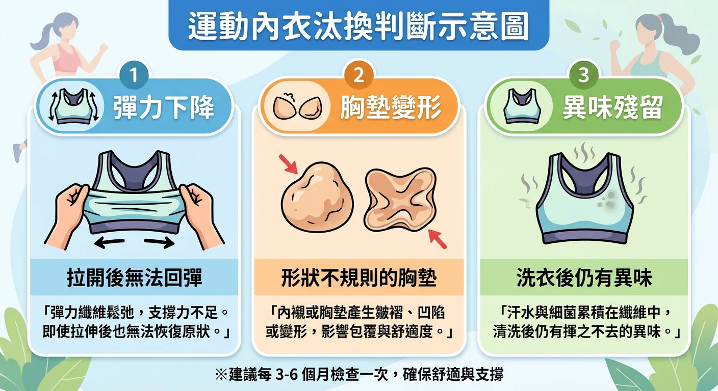 運動內衣汰換判斷示意圖，以三欄圖示呈現三個汰換訊號：左欄「彈力下降」（拉開後無法回彈的圖示）、中欄「胸墊變形」（形狀不規則的胸墊圖示）、右欄「異味殘留」（洗衣後仍有異味的圖示），每欄附簡單說明文字