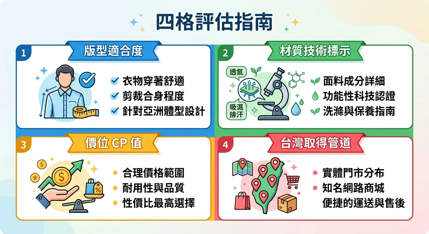 四格評估指南圖示，分別代表版型適合度、材質技術標示、價位 CP 值、台灣取得管道四個維度