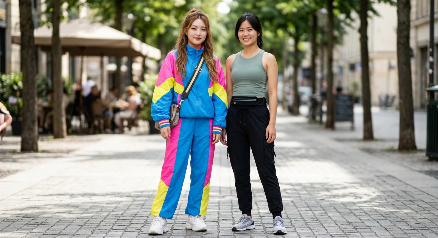 兩位亞洲女性站在一起比較，左側穿韓系設計風格運動服（鮮豔）、右側穿簡約台灣品牌風格（低調機能感），兩者都很好看但風格對比明顯